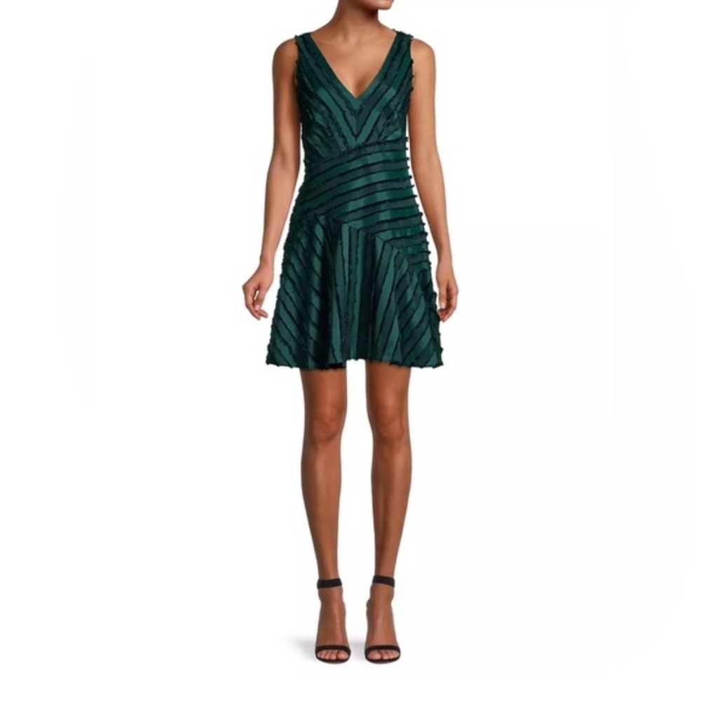 Rebecca Taylor Forest Green Eyelash Striped Skater Skirt Mini Dress-Size 4 NWT